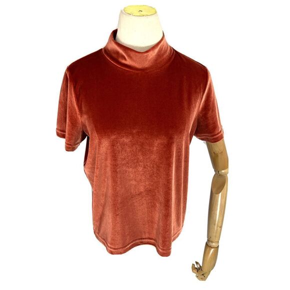 Madewell Velvet VelourTop Womens Small Burnt Orange Short Sleeve Boxy Mock Neck - Picture 2 of 13